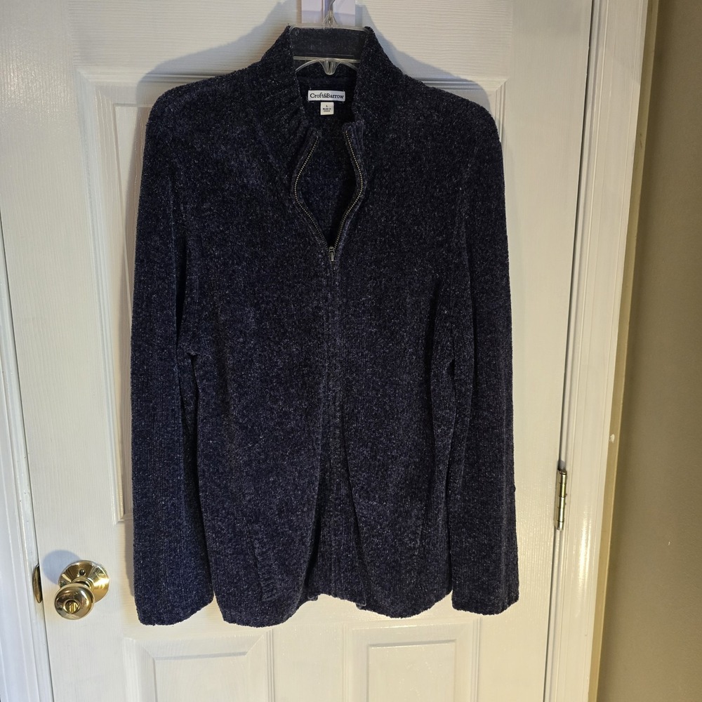 Croft & Barrow Ultra Soft Chenille Full Zip Sweater Size Large Blue Cozy
